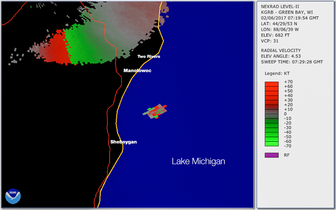 NASA's NEXRAD Doppler Weather Radar echo of the February 6th, 2017 fireball. Echoes on top of the map are due to rain, but the patch above the Lake Michigan is linked to the ionized train of the bright meteor. Credit: Marc Fries, NOAA