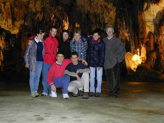 A small group photo in the cave, seated: Jure Zakrajsek and Jure Atanackov. Standing from l.to r. Dunja Fabjan, Javor Kac, Dragana Okolic, Primoz Kajdic, Irena Živkovič and Stane Slavec (credit Javor Kac).