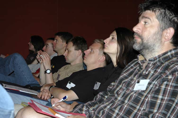 Concentrated looks during the lectures: from left to right n.n., Tom Roelandts, Benny Geys, Roland Winkler, Mirko Nitschke, Katya Koleva and Frans Lowiessen (credit Jean-Marc Wislez).