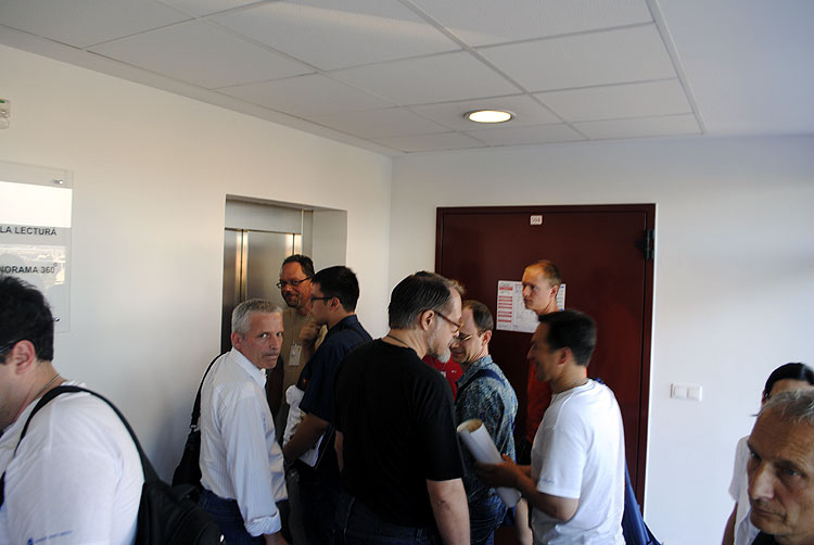 Getting with about 100 person at the 5th floor by just two small elevators offered some extra time for socializing. From left to right we see Damir Segon, Ćiković Ivica, Sandi Segota, Ivan Bryukhanov, Sergei schmalz, Lukas Shrbeny, Ivan Sergei and Leonard Kornos (credit Andrei Matache).