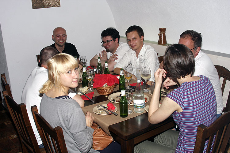 Friday evening traditional Romanian dinner in Sergiana Restaurant. From left to right Javor Kac (hidden), Mariusz Wisniewski, Ewa Wala, Przemyslaw Zoladek, Miroslaw Krasnowski and Regina Rudawska (credit Bernd Brinkmann).