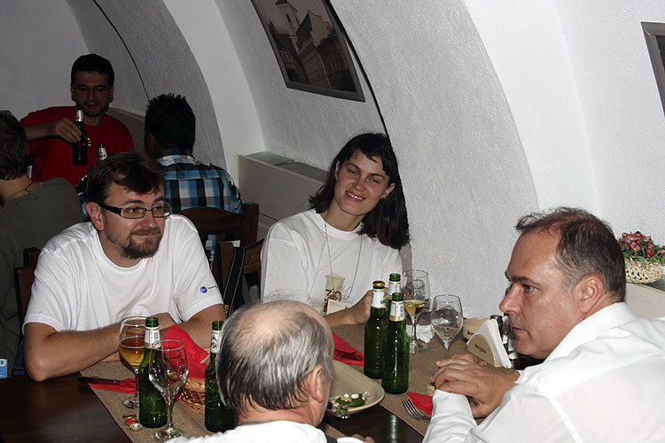 Friday evening traditional Romanian dinner in Sergiana Restaurant. From left to right Cezar Lesanu, Dimitrie Olenici, Gabriela Lesanu and Mirel Birlan (credit Bernd Brinkmann).