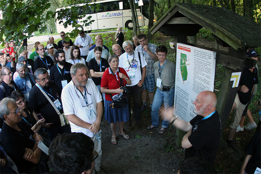 Some explanation at the start of the path to the Morasko craters. From left to right we can recognize the faces of Giancarlo Tomezzoli, Zeljko Andreic, Urska Pajer, Damir Segon, Tudor Georgescu, Peter Jenniskens, Grigoris Maravelias, Paul Sutherland, Ivana Barišić, Ana Georgescu, Jean-Louis Rault, Irmgard Schmidt, Dominique Richard, Hans-Georg Schmidt, Frans Lowiessen, Detlef Koschny and Wojciech Stankowski. (credit Bernd Klemt).