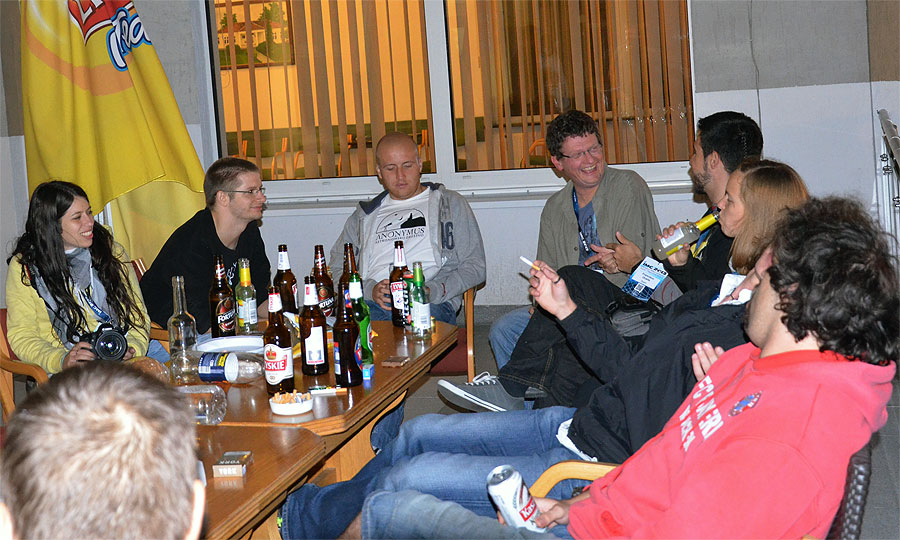 Last night of the IMC, party time with Nina Smrekar, Alen Žižak, Filip Novoselnik, Detlev Koschny, Francisco Ocaña (looking away), Maruška Mole, Matic Smrekar (face hidden) and Lovro Pavletic. (credit Axel Haas).
