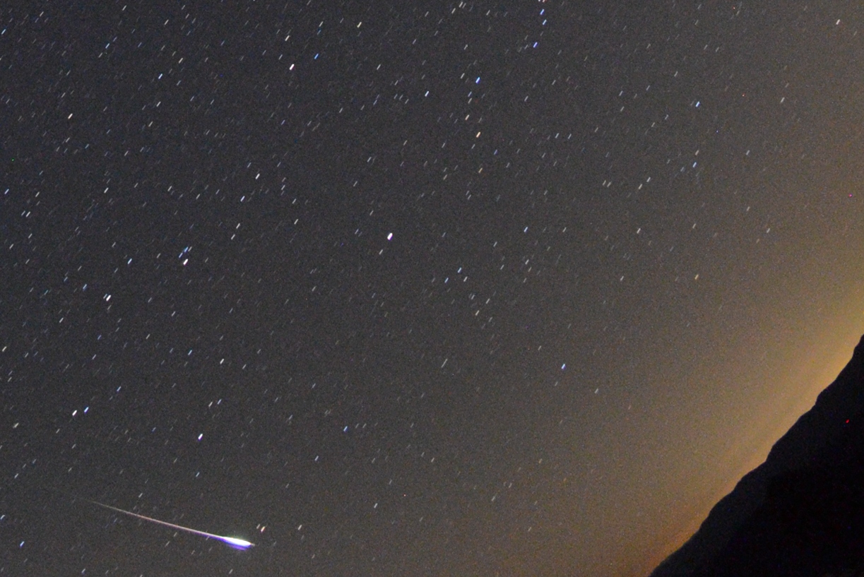 Almost got away: a -7 magnitude Perseid in Cetus on August 13, 2013 at 1:17 UT. Photo taken by Danaja Dvornik from Medvedje Brdo, Slovenia. Nikon D3100, 10-mm f/2.8, ISO 1600, 69 s exposure.