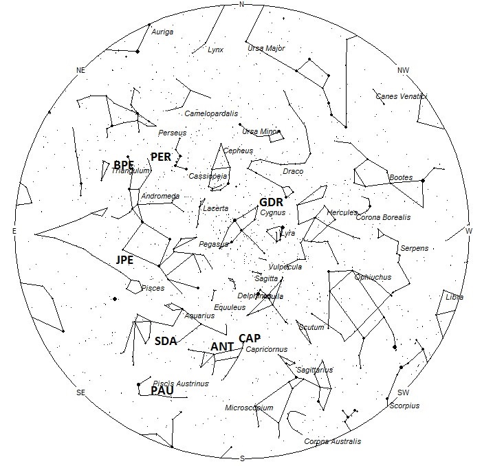 Radiant Positions at 0100 Local Summer Time