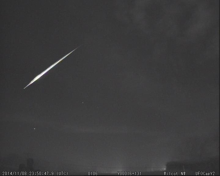 An alpha-Monocerotid meteor shower member captured by UKMON (United Kingdom Meteor Observation Network) video network in 2014. Credit: UKMON