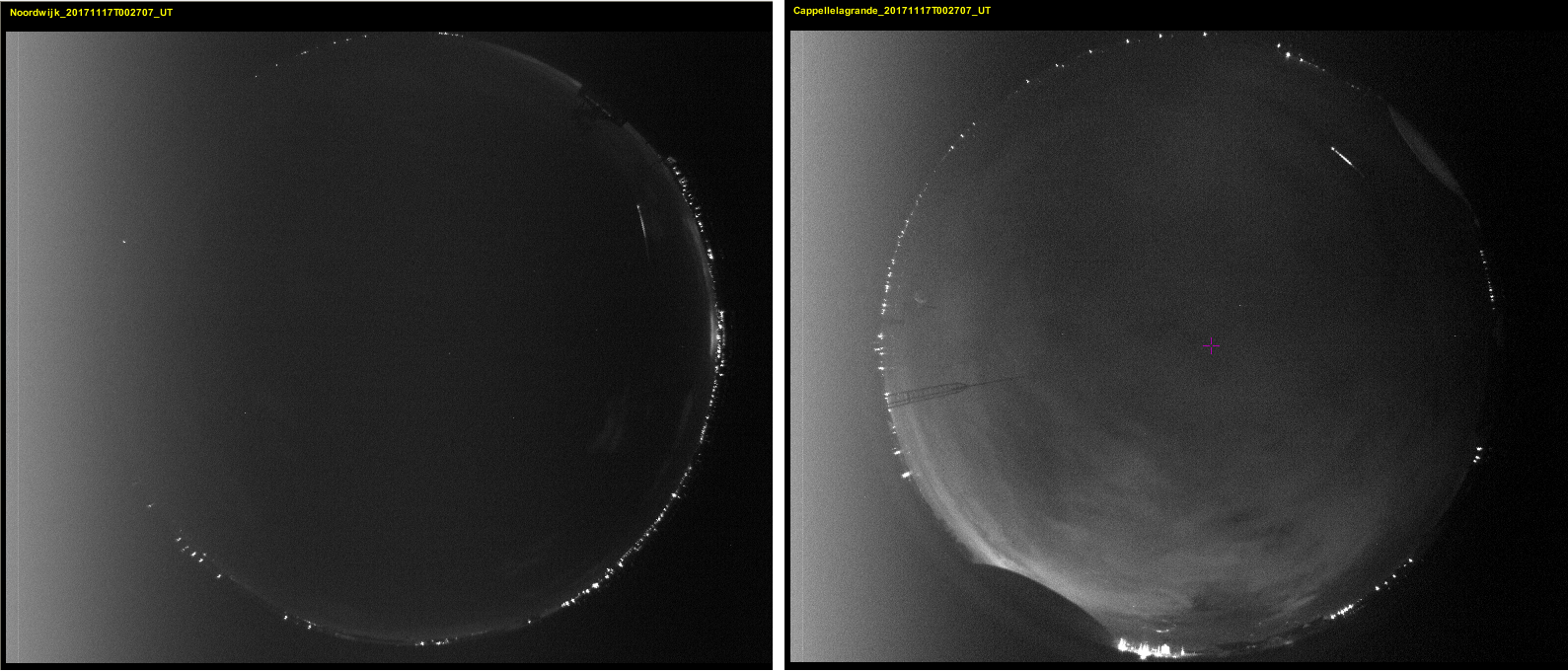 The November 17, 2017, 00h 27min UT fireball captured with the camera stations of Cappelle-la-Grande (France) and Nordwijk (the Netherlands). Credit: FRIPON