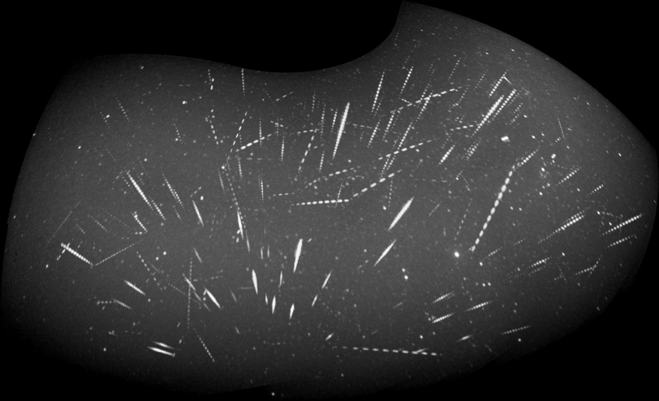 Composite picture of Geminids meteors in orthographic projection realized by Sirko Maulo using AVIS2, and cobining 4 hours of recordings in th morning of December 13, 2017. Credit: Sirko Maulo