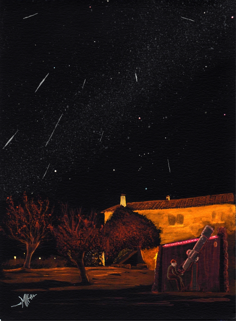 Water colour painting of 2017 Geminids display by Michel Deconinck (France). Credit: Michel Deconinck