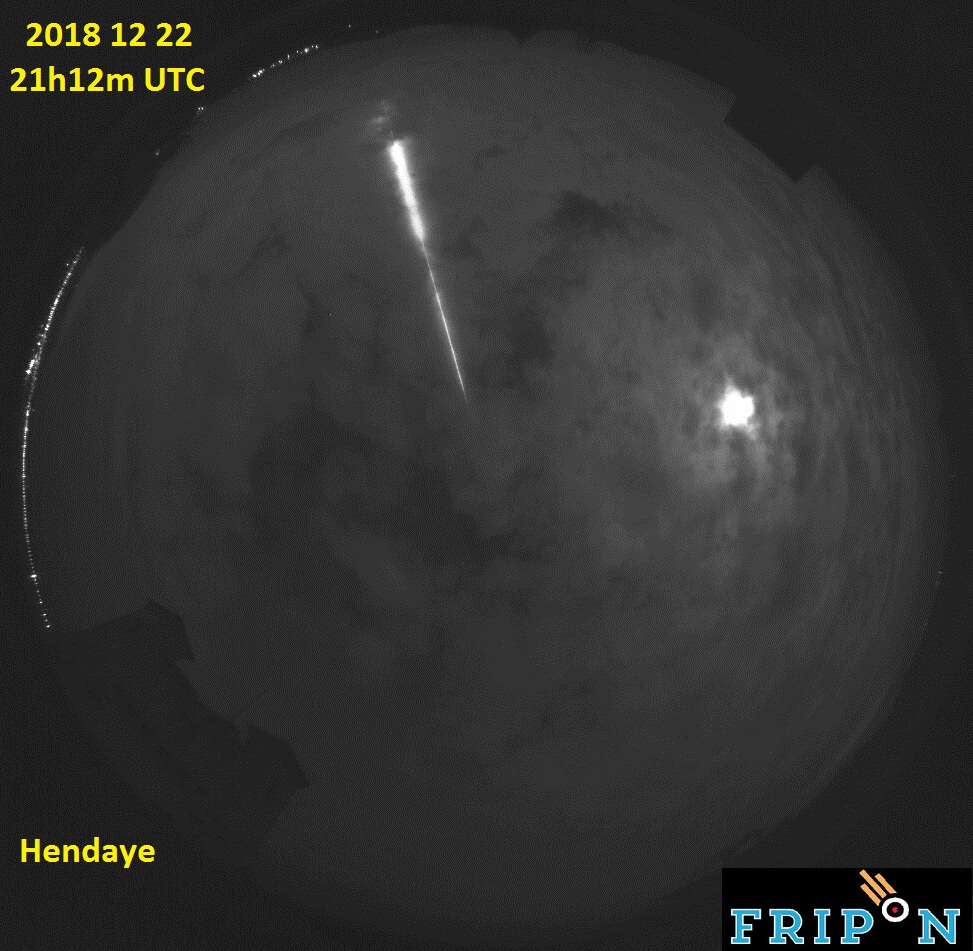 The December 22nd, 2018, 21h 12min UT fireball captured by the Hendaye camera of French FRIPON network. Credit: FRIPON