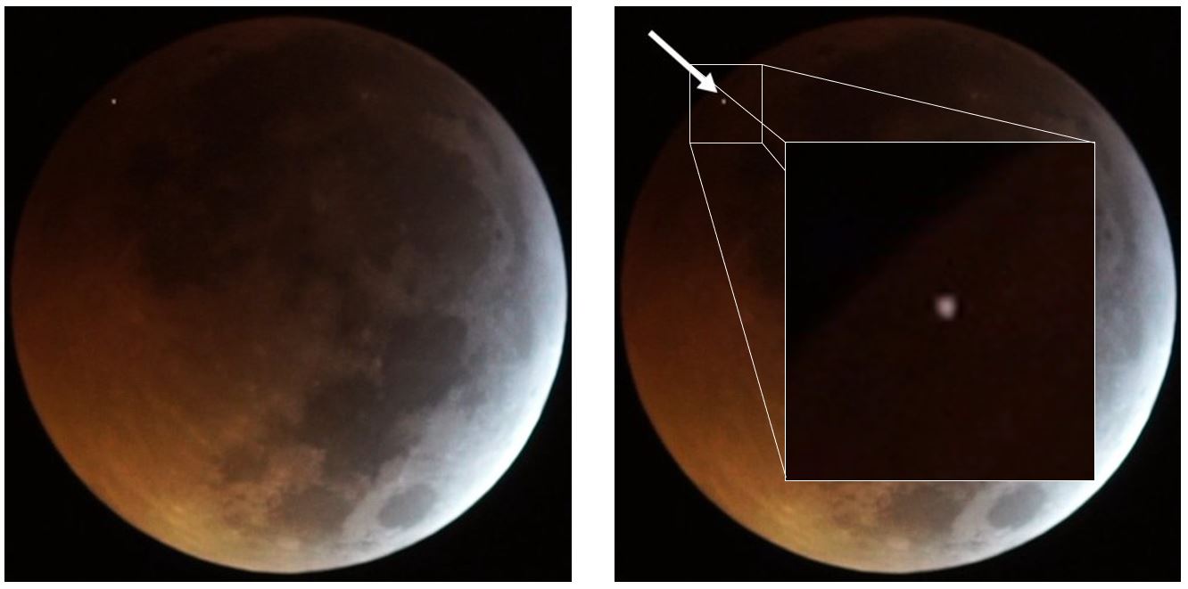 Global view and closer view of the meteoroid impact on the Moon observed and filmed during the January 21st, 2019 Moon eclipse. Credit :