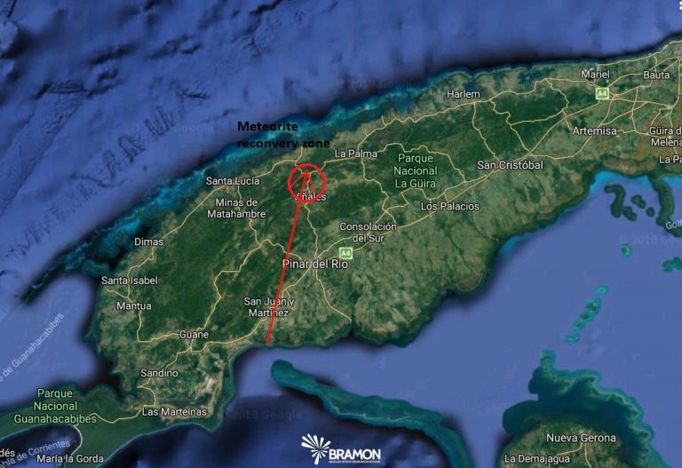 Atmospheric trajectory of the meteoroid calculated from analysis by BRAMON of videos of the event. Credit: BRAMON