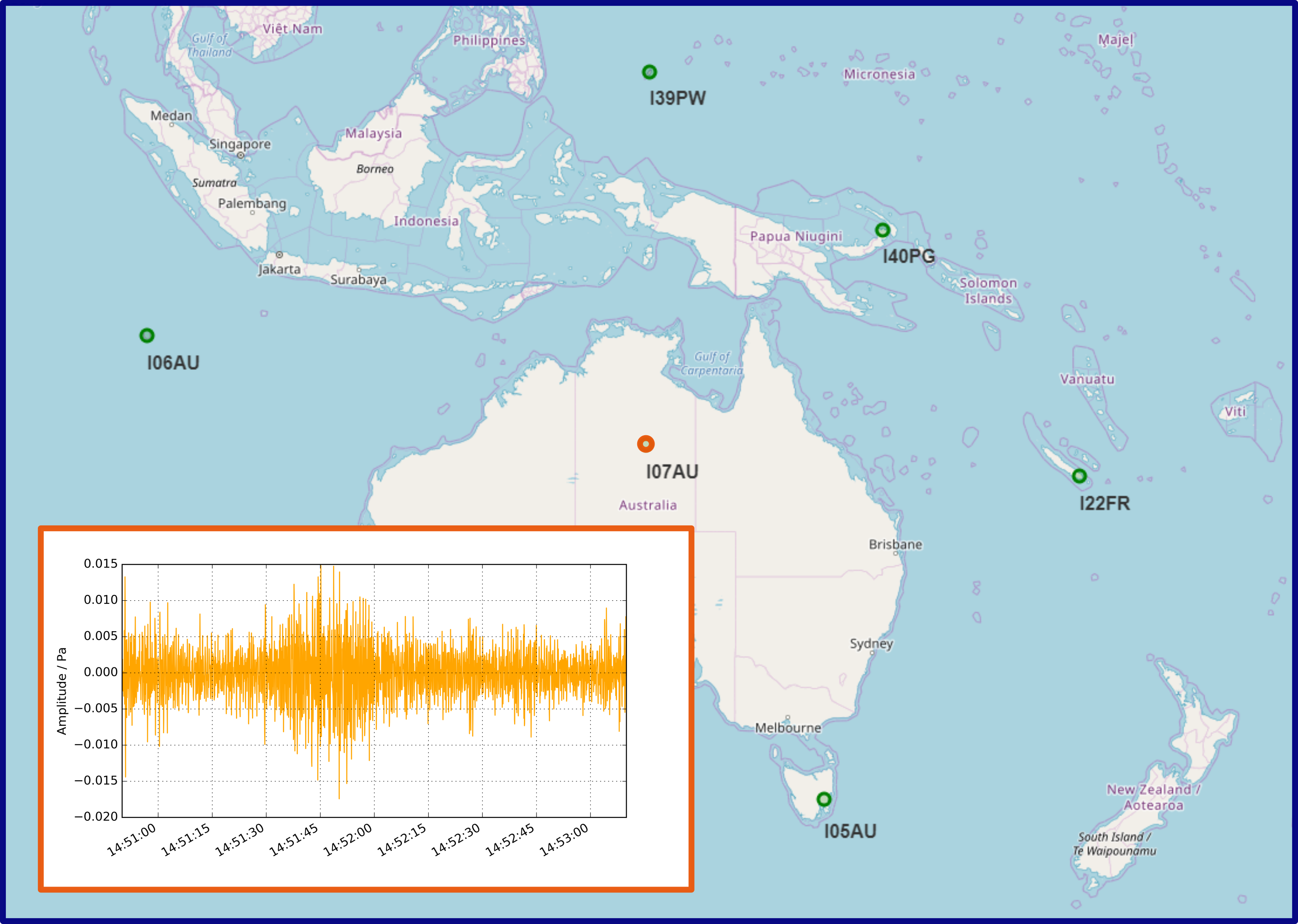 The signal of the asteroid that entered the atmosphere on 19 May 2019 over Australia was detected on at least 5 infrasound stations. The pressure change in the atmosphere is clearly visible in the waveforms (here: I07AU).