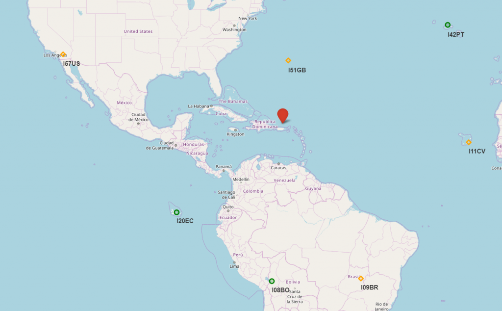 The three infrasound stations (green) that recorded signatures of the fireball in their signals.