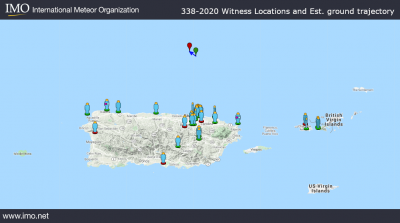 Fireball trajectory computed from witness reports of the January Puerto Rico fireball.