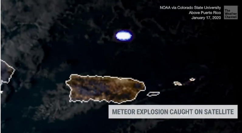 The NOAA Weather Satellite caught the entering asteroid just north of Puerto Rico.