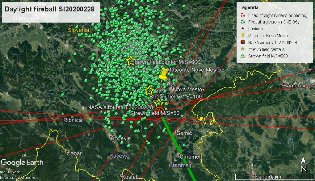  Trajectory and strewn field of the daylight fireball of 28 February 2020: Image Credit: Project PRISMA/A. Carbognani