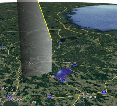 Calculated trajectory and strewnfield of the fireball. Source: https://www.strewnify.com/fjardhundra/