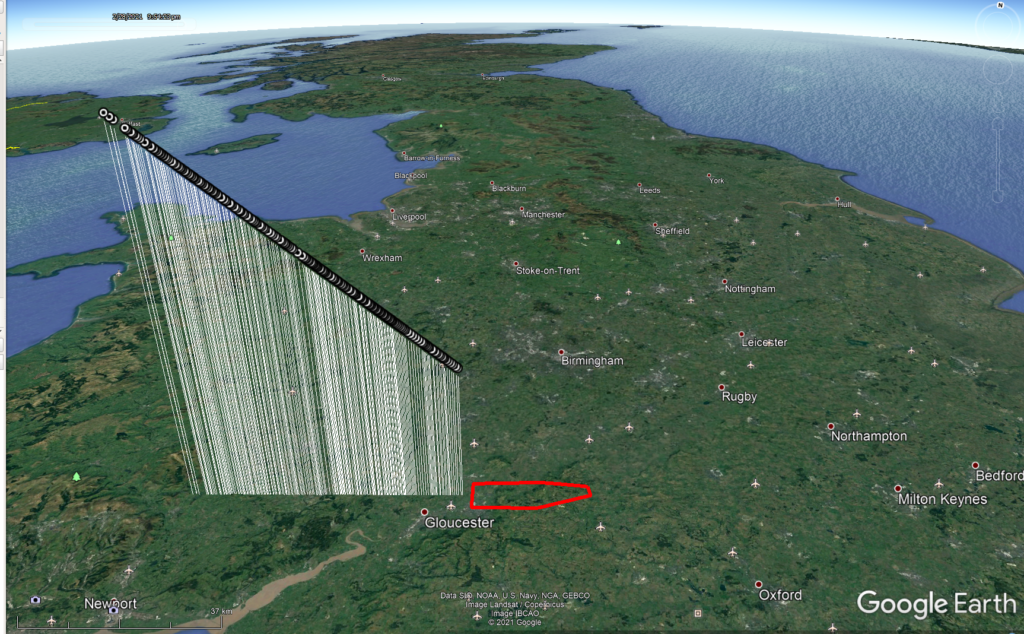 Atmospheric path of the meteoroid that was associated to the February 28, 2021, 21h 54min UT fireball. Credit: UKMon