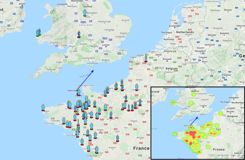 Figure 1- Visual reports and heat map of the witnesses of the March 20, 2021, ~14h 53min UT fireball over the Channel. Credit: IMO/AMS.