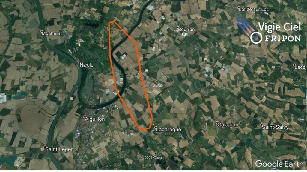 Landing zone of potential meteorites associated to February 27, 2021, 21h 43min fireball over South-Western France. Crédit: Fripon/Vigie-Ciel