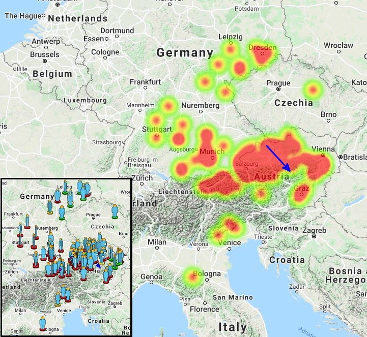 Figure 1- Heatmap and observers map (in caption) of the witnesses of the November 19th, 03h47 UT fireball (event #2020-6819) that sent a report to the IMO. Credit: IMO/AMS