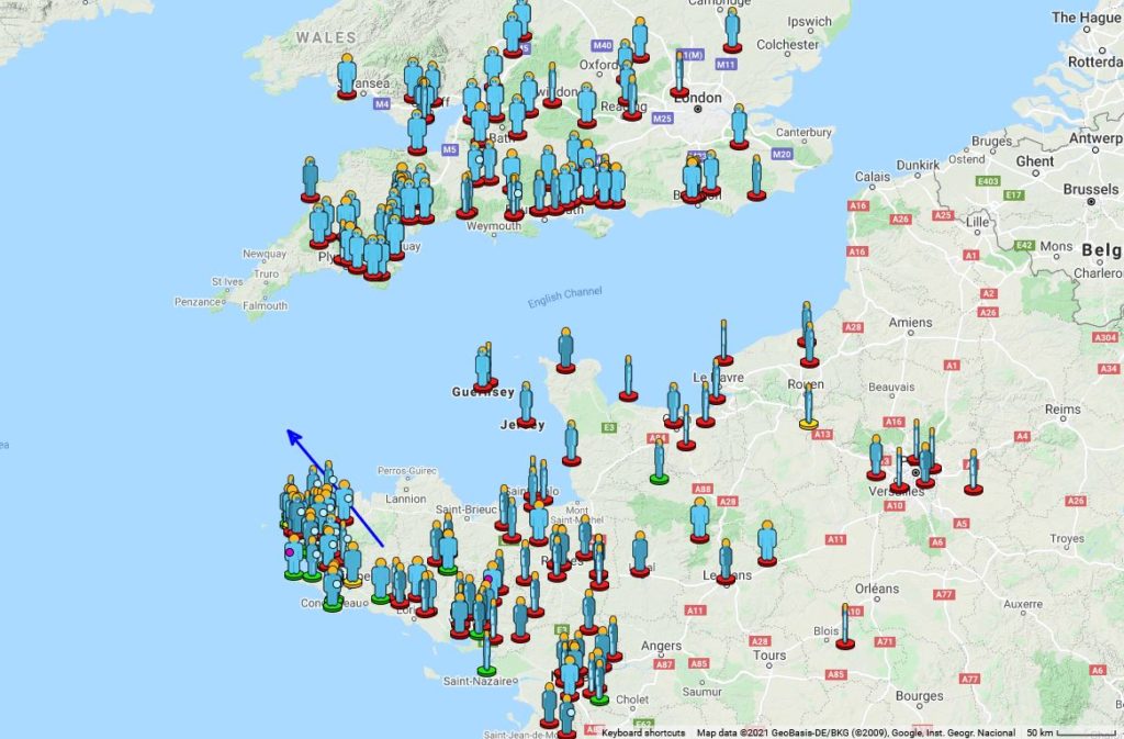 Figure 4- More than 400 persons reported their observations of the September 5, 2021, 21h47 UT fireball. They were located in North-Westerns France, and South-Western UK. Credit: IMO/AMS
