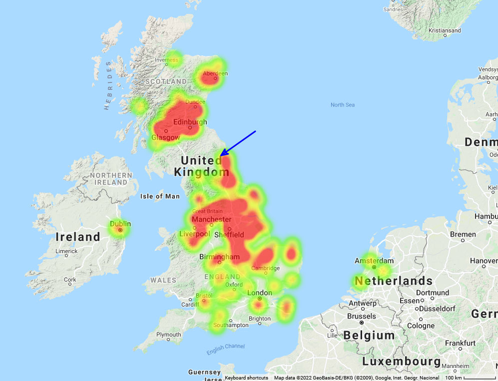 Figure 1- Heatmap of witnesses that reported their observation of January 29, 2022, 18h 48min UT fireball over UK. Credit: IMO