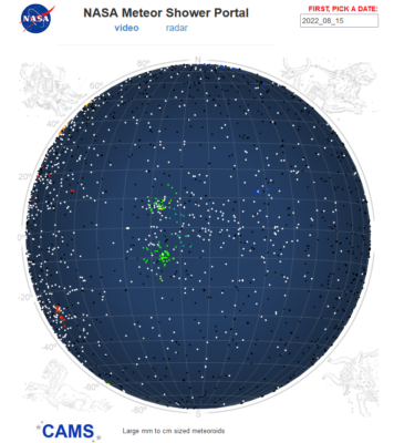 Figure 1a: Meteor radiants of meteor recorded by CAMS network on Aug. 15, 2022. Credit: Nasa/CAMS/Peter Jenniskens