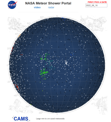 Figure 1b: Meteor radiants of meteor recorded by CAMS network on Aug. 16, 2022. The 18-Aquariids radiant start to be visible. Credit: Nasa/CAMS/Peter Jenniskens