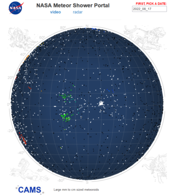 Figure 1c: Meteor radiants of meteor recorded by CAMS network on Aug. 17, 2022. The 18-Aquariids radiant shows its strongest activity for the period. Credit: Nasa/CAMS/Peter Jenniskens