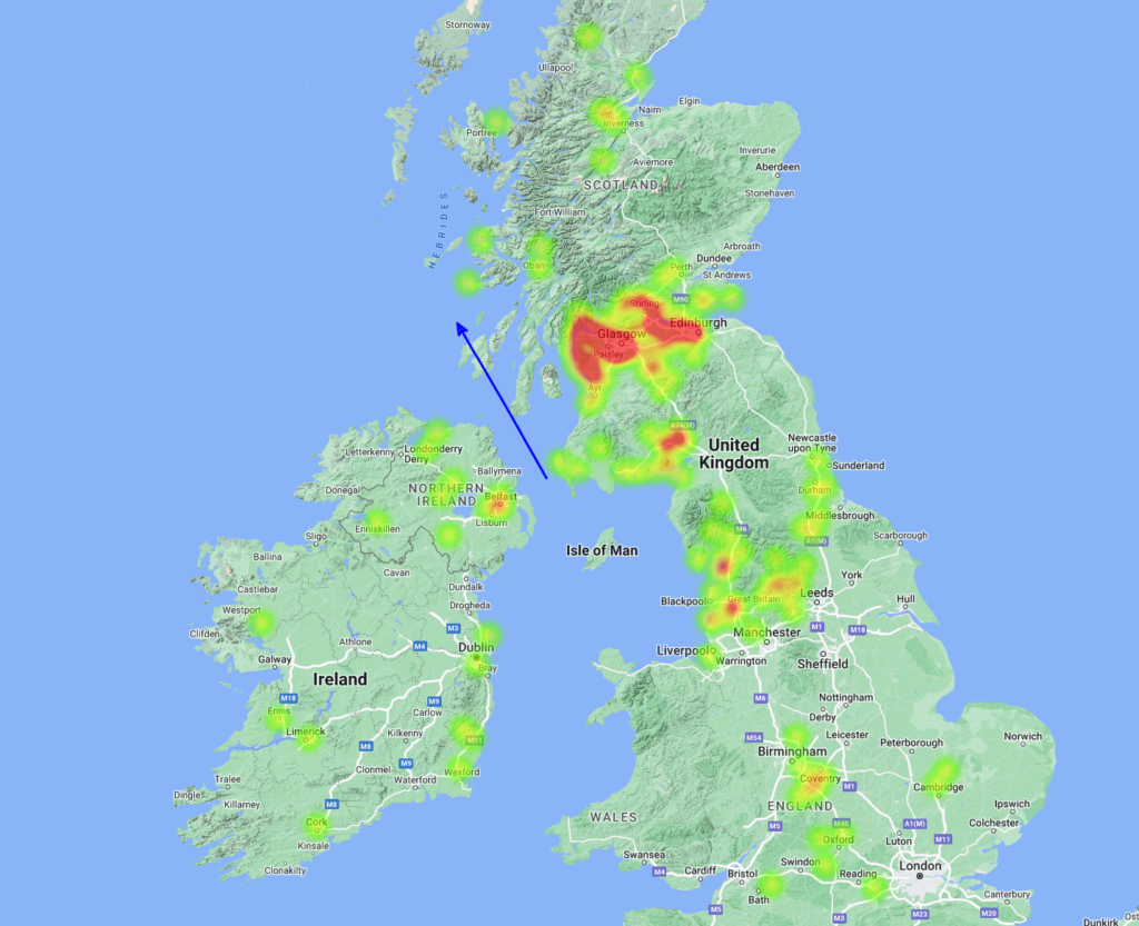 Figure 1- Heatmap of witnesses of the Seoptember 14, 2022, 20h 59min UT fireball over UK and Ireland. Blue arrow indicates the automatic trajectory of the fireball deduces from the visual reports. Credit: IMO/AMS