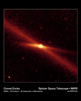 Figure 1- A Spitzer image of Encke and its debris trail in infrared light. 2P/Encke could be a part of the debris resulting from the fragmentation àof a huge comet 10-2000 years ago. Credit: NASA/JPL-Caltech/M. Kelley
