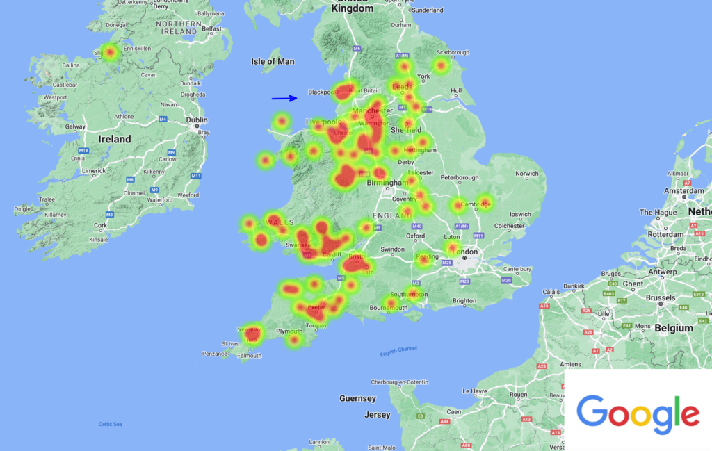 Figure 1- Heatmap of witnesses of the January 21st, 06h 57min UT fireball over UK. Blue arrow indicates the automatic trajectory of the fireball deduces from the visual reports. Credit: IMO/AMS