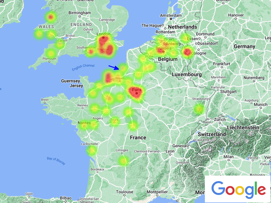 Figure 1- Heatmap of visual witness that reported their observation of Feb. 13th, 2023, 02h 59min UT fireball to Vigie-Ciel/IMO/AMS (Event #937-2023). Blue arrow indicates the horizontal projection of the automatically calculated trajectory of the meteoroid in the atmosphere. Credit: IMO/AMS