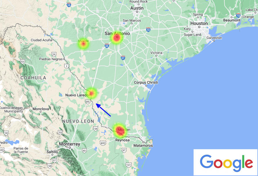 Figure 7- Heatmap of visual witness that reported their observation of Feb. 15th, 2023, 23h 22min UT fireball to IMO/AMS (Event #1036-2023). Blue arrow indicates the horizontal projection of the automatically calculated trajectory of the meteoroid in the atmosphere. Credit: IMO/AMS