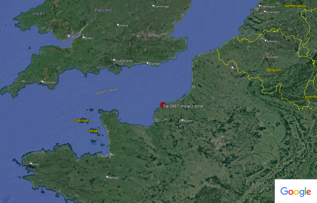 Impact zone of Sar2667, predicted to occur a few kilometers from French coast, North-East of Le Havre.
