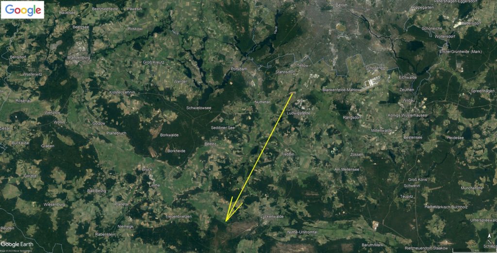 Figure 5- Detailed projection of the path of bolide EN120523_211555 onto the Earth's surface. (Credit: Pavel Spurný, Astronomical Institute of the CAS, base map: Google Earth).