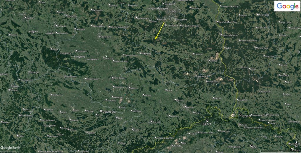 Figure 1- Projection of the bolide trajectory on the Earth's surface (yellow arrow). The map shows the positions of the European Fireball Network stations in NW Bohemia and SE Germany, with the bolide being best recorded by the cameras at Frýdlant, Jičín and Tautenburg (Credit: Pavel Spurný, Astronomical Institute of the CAS, base map: Google Earth).