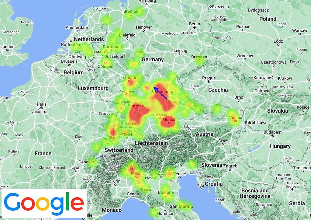 Figure 2- Heatmap of witnesses of the June 26, 2023, 20h 45min UT fireball over Germany. Blue arrow indicates the automatic trajectory of the fireball deduced from the visual reports. Credit: IMO/AMS