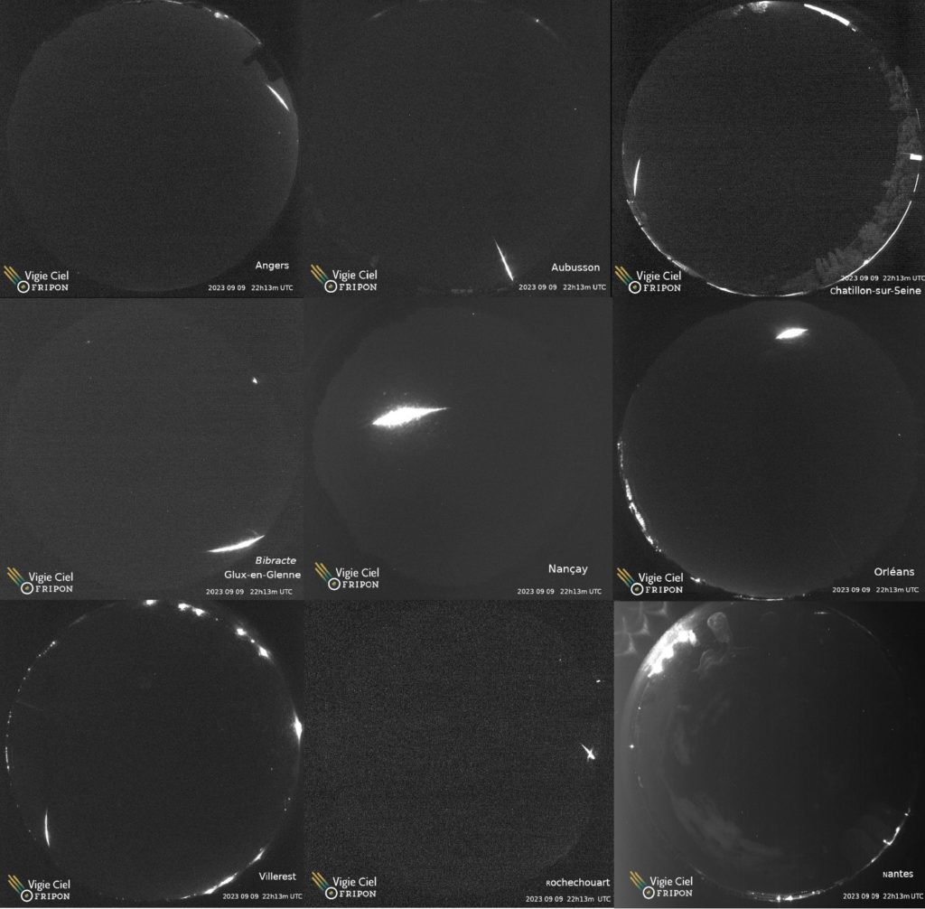 Figure 2- Mosaic of 9 pictures issued from Fripon video network recordings of the September 9th, 2023, 22h 13min UT fireball. Credit: Fripon/Vigie-Ciel