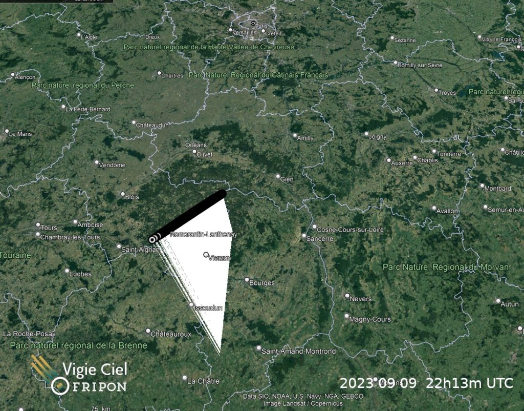 Figure 3- Trajectory of the meteoroid automatically calculated from the Fripon video network recordings. Credit: Fripon/Vigie-Ciel