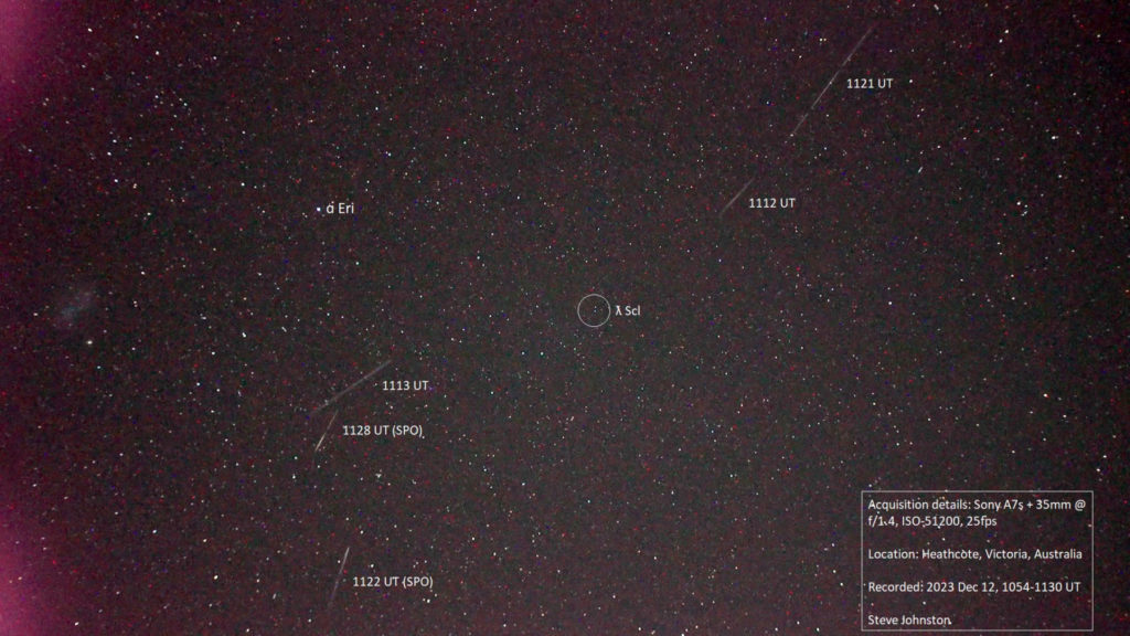 Figure 2- Three lambda-Sculptorids meteor memebers as photographed from Heathcote,Victoria (Australia) by Steve Johnston. Credit: Steve Johnston