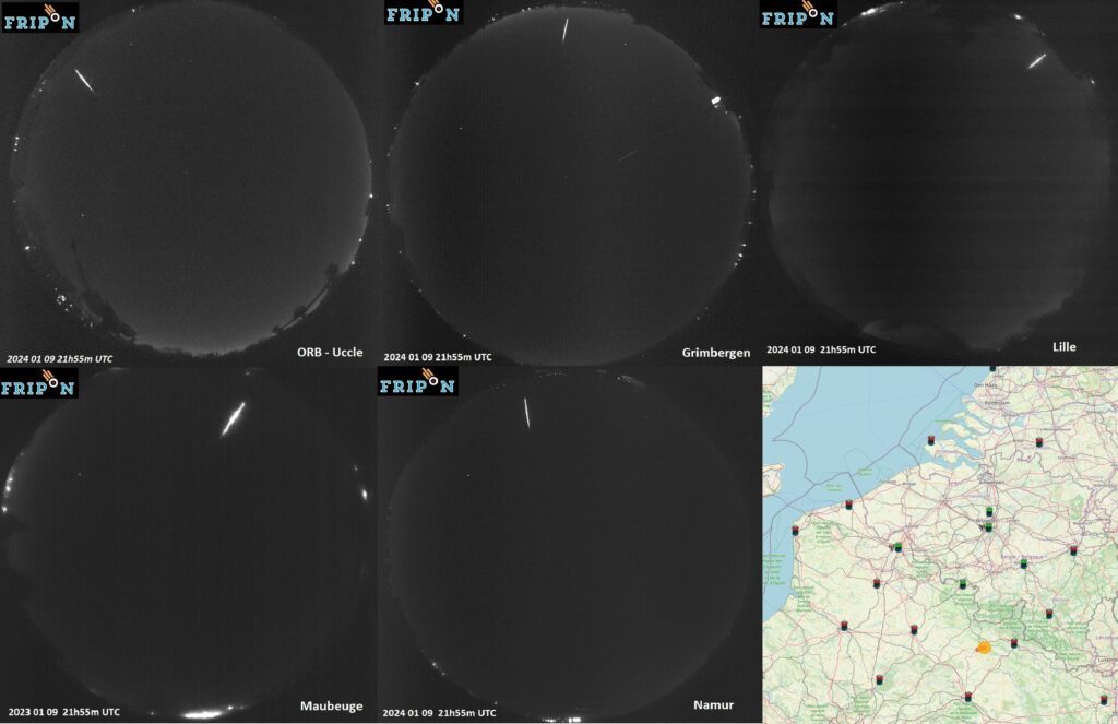 Figure 6- January 9th, 2024, 21h 55min UT fireball was recorded by 5 video stations of Fripon-Belgium network, allowing trajectory and strewn field calculations. Credit: Fripon-Belgium