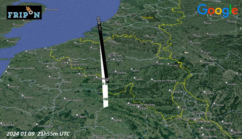 Figure 7- January 9th, 21h55 min UT trajectory calculation, according to video recordings (Figure 6) and Fripon calculation. Credit: Fripon-Belgium