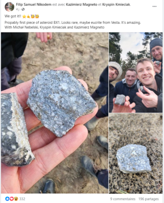 Figure 1a- 2024 BX1 meteorite recovery posted on Facebook.