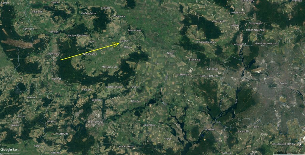 Figure 1. The path of the bolide EN210124_003238 to the Earth's surface (the inclination of the path to the surface was 75.4 degrees) (photo: Google/Astronomical Institute of the CAS).