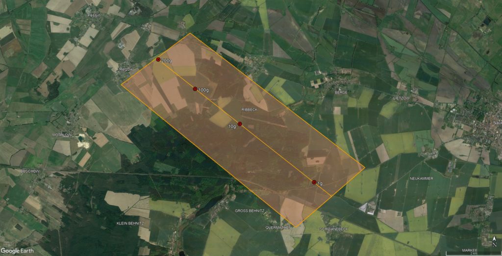 Figure 3. Preliminary detail of the area where the meteorites could be located. Small fragments of up to 30 grams are expected to be much more numerous than larger meteorites (graphic: Astronomical Institute of the CAS, base map: Google Earth).