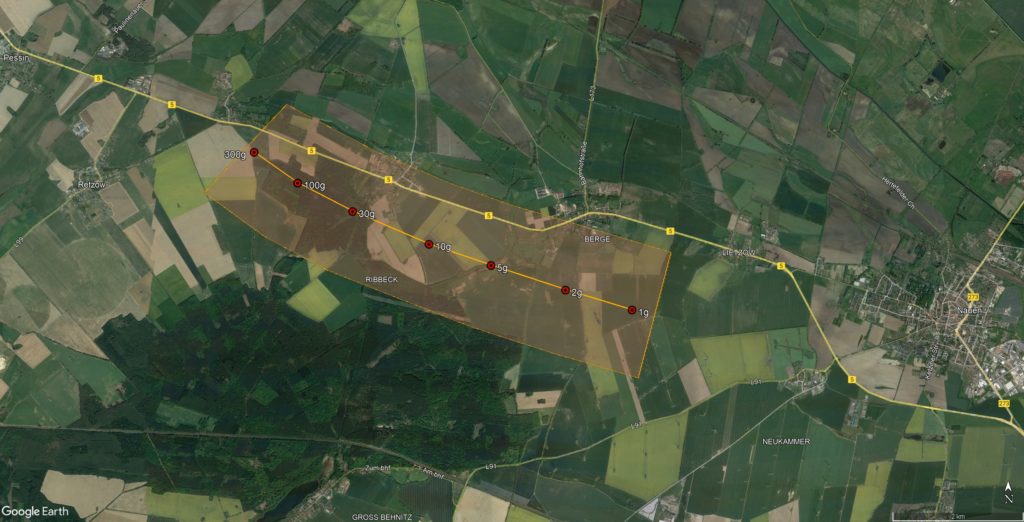 Figure 4. Updated detail of the area where meteorites could be located. We expect many more small fragments weighing up to 30 grams than larger meteorites (graphic: Astronomical Institute of the CAS, base map: Google Earth).